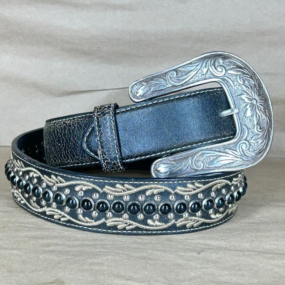Nocona Belt Mens M Black Distressed Leather Embroidered Studded Engraved Buckle